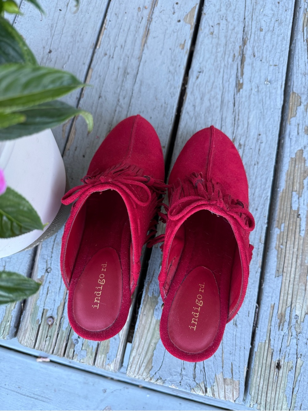 Indigo Rd. Red Suede Fringe Mules